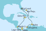 Visitando Fort Lauderdale (Florida/EEUU), Isla Pequeña (San Salvador/Bahamas), Aruba (Antillas), Cartagena de Indias (Colombia), Lago Gatun (Panamá), Colón (Panamá), Puerto Limón (Costa Rica), Ocho Ríos (Jamaica), Fort Lauderdale (Florida/EEUU)