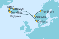 Visitando Reykjavik (Islandia), Grundafjord (Islandia), Akureyri (Islandia), Kristiansand (Noruega), Trondheim (Noruega), Aalesund (Noruega), Ísafjörður (Islandia), Reykjavik (Islandia)