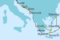 Visitando Trieste (Italia), Split (Croacia), Kotor (Montenegro), Dubrovnik (Croacia), Corfú (Grecia), Santorini (Grecia), Kusadasi (Efeso/Turquía), Estambul (Turquía), Mykonos (Grecia), Atenas (Grecia)