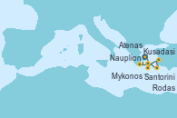 Visitando Atenas (Grecia), Santorini (Grecia), Mykonos (Grecia), Rodas (Grecia), Kusadasi (Efeso/Turquía), Nauplion (Grecia), Atenas (Grecia)