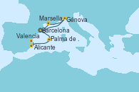 Visitando Barcelona, Génova (Italia), Marsella (Francia), Barcelona, Palma de Mallorca (España), Alicante (España), Valencia