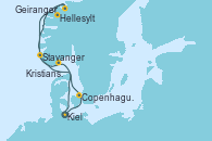 Visitando Kiel (Alemania), Copenhague (Dinamarca), Hellesylt (Noruega), Geiranger (Noruega), Stavanger (Noruega), Kristiansand (Noruega), Kiel (Alemania)