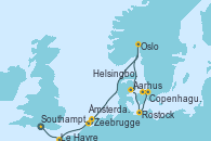 Visitando Southampton (Inglaterra), Le Havre (Francia), Zeebrugge (Bruselas), Ámsterdam (Holanda), Oslo (Noruega), Aarhus (Dinamarca), Rostock (Alemania), Helsingborg (Suecia), Copenhague (Dinamarca)