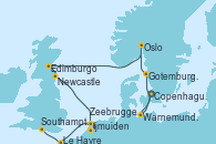 Visitando Copenhague (Dinamarca), Warnemunde (Alemania), Gotemburgo (Suecia), Oslo (Noruega), Edimburgo (Escocia), Newcastle (Reino Unido), Ijmuiden (Ámsterdam), Zeebrugge (Bruselas), Le Havre (Francia), Southampton (Inglaterra)