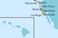 Visitando Vancouver (Canadá), Astoria  (Oregón), San Francisco (California/EEUU), San Francisco (California/EEUU), Santa Bárbara (California), Ensenada (México), San Diego (California/EEUU), Los Ángeles (California)
