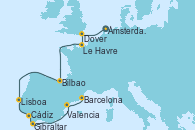 Visitando Ámsterdam (Holanda), Dover (Inglaterra), Le Havre (Francia), Bilbao (España), Lisboa (Portugal), Lisboa (Portugal), Cádiz (España), Gibraltar (Inglaterra), Valencia, Barcelona