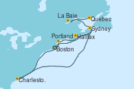 Visitando Boston (Massachusetts), Portland (Maine/Estados Unidos), Halifax (Canadá), Sydney (Nueva Escocia/Canadá), Charleston (Carolina del Sur), La Baie (Canada), Quebec (Canadá)