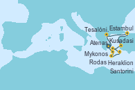Visitando Atenas (Grecia), Tesalónica (Grecia), Estambul (Turquía), Estambul (Turquía), Kusadasi (Efeso/Turquía), Mykonos (Grecia), Rodas (Grecia), Heraklion (Creta), Santorini (Grecia), Atenas (Grecia)