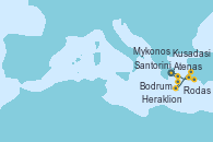 Visitando Atenas (Grecia), Rodas (Grecia), Bodrum (Turquia), Kusadasi (Efeso/Turquía), Heraklion (Creta), Santorini (Grecia), Mykonos (Grecia), Atenas (Grecia)
