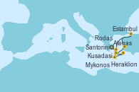 Visitando Atenas (Grecia), Heraklion (Creta), Rodas (Grecia), Santorini (Grecia), Kusadasi (Efeso/Turquía), Estambul (Turquía), Mykonos (Grecia), Atenas (Grecia)