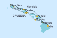 Visitando Papeete (Tahití), Moorea (Tahití), Raiatea (Polinesia Francesa), Bora Bora (Polinesia), Bora Bora (Polinesia), Hilo (Hawai), Kahului (Hawai/EEUU), Kauai (Hawai), Kauai (Hawai), CRUISE NAPALI COAST, AT SEA, Honolulu (Hawai), Honolulu (Hawai)