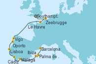 Visitando Southampton (Inglaterra), Zeebrugge (Bruselas), Le Havre (Francia), Vigo (España), Oporto (Portugal), Lisboa (Portugal), Cádiz (España), Málaga, Ibiza (España), Palma de Mallorca (España), Barcelona