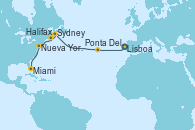 Visitando Lisboa (Portugal), Ponta Delgada (Azores), Sydney (Nueva Escocia/Canadá), Halifax (Canadá), Nueva York (Estados Unidos), Miami (Florida/EEUU)