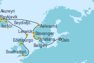 Visitando Oslo (Noruega), Kristiansand (Noruega), Stavanger (Noruega), Bergen (Noruega), Aalesund (Noruega), Reykjavik (Islandia), Ísafjörður (Islandia), Akureyri (Islandia), Seydisfjordur (Islandia), Lerwick (Escocia), Edimburgo (Escocia), Southampton (Inglaterra)