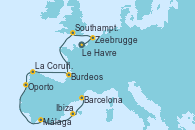 Visitando Le Havre (Francia), Zeebrugge (Bruselas), Southampton (Inglaterra), Burdeos (Francia), La Coruña (Galicia/España), Oporto (Portugal), Málaga, Ibiza (España), Barcelona