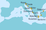 Visitando Trieste (Italia), Koper (Eslovenia), Zadar (Croacia), Kotor (Montenegro), Dubrovnik (Croacia), Corfú (Grecia), Santorini (Grecia), Mykonos (Grecia), Kusadasi (Efeso/Turquía), Estambul (Turquía)