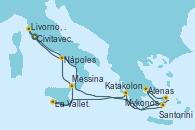 Visitando Civitavecchia (Roma), Santorini (Grecia), Atenas (Grecia), Mykonos (Grecia), Katakolon (Olimpia/Grecia), La Valletta (Malta), Messina (Sicilia), Nápoles (Italia), Livorno, Pisa y Florencia (Italia), Civitavecchia (Roma)