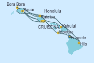 Visitando Papeete (Tahití), Moorea (Tahití), Raiatea (Polinesia Francesa), Bora Bora (Polinesia), Bora Bora (Polinesia), Hilo (Hawai), Kahului (Hawai/EEUU), Kauai (Hawai), CRUISE NAPALI COAST, AT SEA, Kauai (Hawai), Honolulu (Hawai), Honolulu (Hawai)