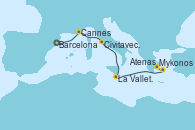 Visitando Barcelona, Cannes (Francia), Civitavecchia (Roma), La Valletta (Malta), Mykonos (Grecia), Atenas (Grecia)