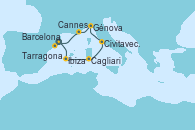 Visitando Barcelona, Ibiza (España), Cagliari (Cerdeña), Civitavecchia (Roma), Génova (Italia), Cannes (Francia), Tarragona (España)