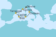 Visitando Génova (Italia), Cannes (Francia), Tarragona (España), Ibiza (España), Cagliari (Cerdeña), Civitavecchia (Roma)