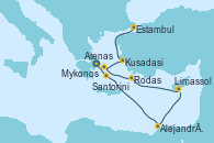 Visitando Atenas (Grecia), Santorini (Grecia), Alejandría (Egipto), Alejandría (Egipto), Limassol (Chipre), Rodas (Grecia), Mykonos (Grecia), Kusadasi (Efeso/Turquía), Estambul (Turquía)