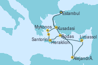 Visitando Estambul (Turquía), Alejandría (Egipto), Alejandría (Egipto), Limassol (Chipre), Rodas (Grecia), Heraklion (Creta), Santorini (Grecia), Mykonos (Grecia), Kusadasi (Efeso/Turquía), Estambul (Turquía)