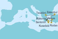 Visitando Atenas (Grecia), Tesalónica (Grecia), Estambul (Turquía), Estambul (Turquía), Rodas (Grecia), Kusadasi (Efeso/Turquía), Mykonos (Grecia), Santorini (Grecia), Atenas (Grecia)