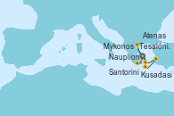 Visitando Atenas (Grecia), Santorini (Grecia), Kusadasi (Efeso/Turquía), Mykonos (Grecia), Tesalónica (Grecia), Nauplion (Grecia), Atenas (Grecia)