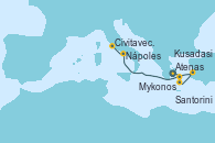 Visitando Atenas (Grecia), Mykonos (Grecia), Santorini (Grecia), Kusadasi (Efeso/Turquía), Nápoles (Italia), Civitavecchia (Roma)