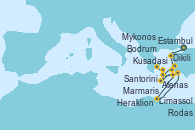 Visitando Estambul (Turquía), Estambul (Turquía), Dikili (Turquía), Bodrum (Turquia), Kusadasi (Efeso/Turquía), Santorini (Grecia), Rodas (Grecia), Limassol (Chipre), Marmaris (Turquía), Heraklion (Creta), Mykonos (Grecia), Atenas (Grecia)