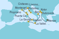 Visitando Atenas (Grecia), Dubrovnik (Croacia), Kotor (Montenegro), Bari (Italia), La Valletta (Malta), La Goulette (Tunez), Trapani (Italia), Puerto Cervo (Cerdeña/Francia), Propriano (Córcega), Montecarlo (Mónaco), Portofino (Italia), Livorno, Pisa y Florencia (Italia), Civitavecchia (Roma)