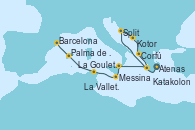 Visitando Atenas (Grecia), Split (Croacia), Kotor (Montenegro), Corfú (Grecia), Katakolon (Olimpia/Grecia), Messina (Sicilia), La Valletta (Malta), La Goulette (Tunez), Palma de Mallorca (España), Barcelona