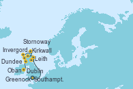 Visitando Southampton (Inglaterra), Leith (Edinburgo/Escocia), Leith (Edinburgo/Escocia), Dundee (Escocia), Invergordon (Escocia), Kirkwall (Escocia), Stornoway (Isla de Lewis/Escocia), Oban (Escocia), Greenock (Escocia), Greenock (Escocia), Dublin (Irlanda)