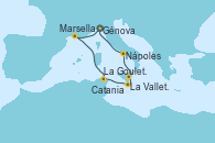 Visitando Génova (Italia), Marsella (Francia), La Goulette (Tunez), La Valletta (Malta), Catania (Sicilia), Nápoles (Italia), Génova (Italia)