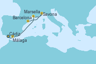 Visitando Cádiz (España), Málaga, Marsella (Francia), Savona (Italia), Barcelona