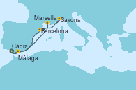 Visitando Cádiz (España), Málaga, Marsella (Francia), Savona (Italia), Barcelona, Cádiz (España)