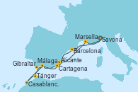 Visitando Savona (Italia), Barcelona, Málaga, Tánger (Marruecos), Casablanca (Marruecos), Gibraltar (Inglaterra), Cartagena (Murcia), Alicante (España), Marsella (Francia), Savona (Italia)