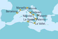 Visitando Taranto (Italia), La Valletta (Malta), La Goulette (Tunez), Palermo (Italia), Nápoles (Italia), Civitavecchia (Roma), Génova (Italia), Marsella (Francia), Barcelona