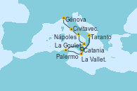 Visitando Catania (Sicilia), Taranto (Italia), La Valletta (Malta), La Goulette (Tunez), Palermo (Italia), Nápoles (Italia), Civitavecchia (Roma), Génova (Italia)