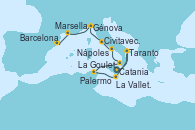 Visitando Catania (Sicilia), Taranto (Italia), La Valletta (Malta), La Goulette (Tunez), Palermo (Italia), Nápoles (Italia), Civitavecchia (Roma), Génova (Italia), Marsella (Francia), Barcelona