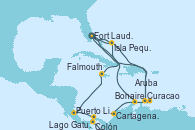 Visitando Fort Lauderdale (Florida/EEUU), Curacao (Antillas), Bonaire (Países Bajos), Aruba (Antillas), Isla Pequeña (San Salvador/Bahamas), Fort Lauderdale (Florida/EEUU), Isla Pequeña (San Salvador/Bahamas), Curacao (Antillas), Cartagena de Indias (Colombia), Lago Gatun (Panamá), Colón (Panamá), Puerto Limón (Costa Rica), Falmouth (Jamaica), Fort Lauderdale (Florida/EEUU)