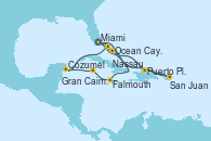 Visitando Miami (Florida/EEUU), Puerto Plata, Republica Dominicana, San Juan (Puerto Rico), Nassau (Bahamas), Ocean Cay MSC Marine Reserve (Bahamas), Miami (Florida/EEUU), Falmouth (Jamaica), Gran Caimán (Islas Caimán), Cozumel (México), Ocean Cay MSC Marine Reserve (Bahamas), Miami (Florida/EEUU)