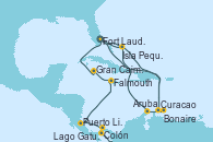 Visitando Fort Lauderdale (Florida/EEUU), Curacao (Antillas), Bonaire (Países Bajos), Aruba (Antillas), Isla Pequeña (San Salvador/Bahamas), Fort Lauderdale (Florida/EEUU), Isla Pequeña (San Salvador/Bahamas), Curacao (Antillas), Lago Gatun (Panamá), Colón (Panamá), Puerto Limón (Costa Rica), Falmouth (Jamaica), Gran Caimán (Islas Caimán), Fort Lauderdale (Florida/EEUU)