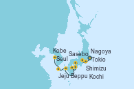 Visitando Tokio (Japón), Shimizu (Japón), Nagoya (Japón), Kobe (Japón), Kochi (Japón), Beppu (Japón), Sasebo (Japón), Jeju (Corea del Sur), Seul (Corea del Sur), Seul (Corea del Sur)