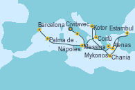 Visitando Civitavecchia (Roma), Nápoles (Italia), Chania (Creta/Grecia), Estambul (Turquía), Mykonos (Grecia), Atenas (Grecia), Kotor (Montenegro), Corfú (Grecia), Messina (Sicilia), Palma de Mallorca (España), Barcelona