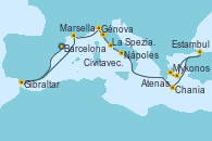 Visitando Barcelona, Gibraltar (Inglaterra), Marsella (Francia), Génova (Italia), La Spezia, Florencia y Pisa (Italia), Civitavecchia (Roma), Nápoles (Italia), Chania (Creta/Grecia), Estambul (Turquía), Mykonos (Grecia), Atenas (Grecia)