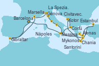 Visitando Barcelona, Gibraltar (Inglaterra), Marsella (Francia), Génova (Italia), La Spezia, Florencia y Pisa (Italia), Civitavecchia (Roma), Nápoles (Italia), Chania (Creta/Grecia), Estambul (Turquía), Mykonos (Grecia), Atenas (Grecia), Santorini (Grecia), Kotor (Montenegro), Corfú (Grecia), Messina (Sicilia), Barcelona