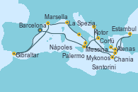 Visitando Barcelona, Gibraltar (Inglaterra), Marsella (Francia), La Spezia, Florencia y Pisa (Italia), Nápoles (Italia), Palermo (Italia), Chania (Creta/Grecia), Estambul (Turquía), Mykonos (Grecia), Atenas (Grecia), Santorini (Grecia), Bar ( Montenegro), Corfú (Grecia), Messina (Sicilia), Barcelona