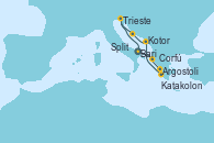 Visitando Bari (Italia), Corfú (Grecia), Argostoli (Grecia), Katakolon (Olimpia/Grecia), Kotor (Montenegro), Split (Croacia), Trieste (Italia), Bari (Italia)